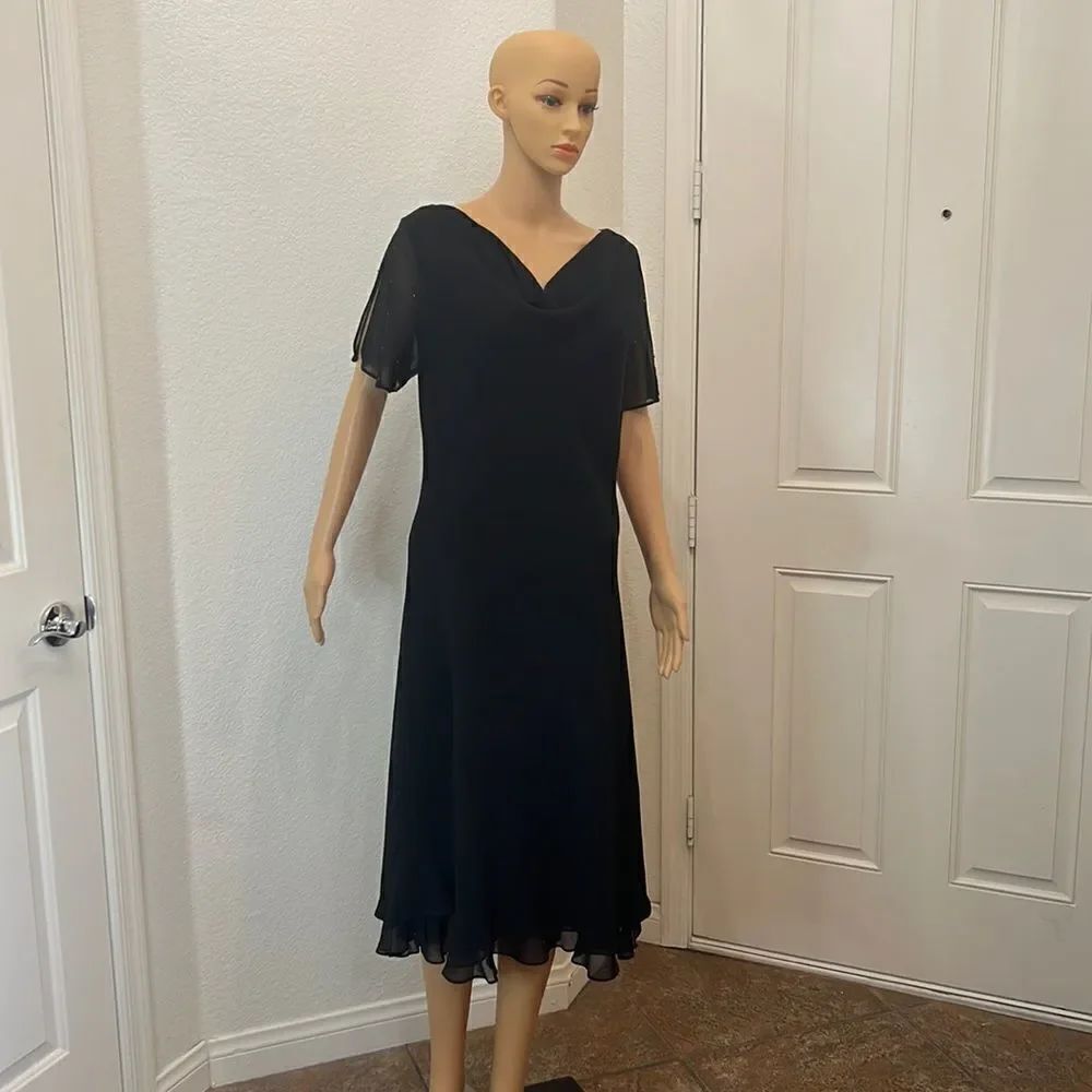 Amanda Smith Dresses Black Size 12 Cowl Neck Beaded Slit Sleeve Accents Midi